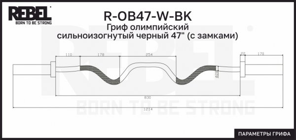 Грифы для штанг и гантелей R-OB47-W-BK Гриф олимпийский сильноизогнутый черный 47 R-OB47-W-BK Гриф олимпийский сильноизогнутый черный 47